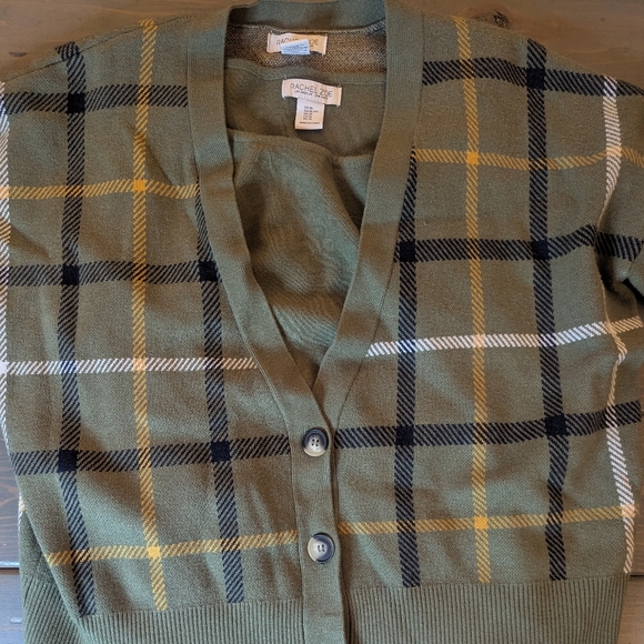Rachel Zoe Sweaters - Rachel Zoe XL Olive Plaid Layered Cardigan Attached Shirt Sweater